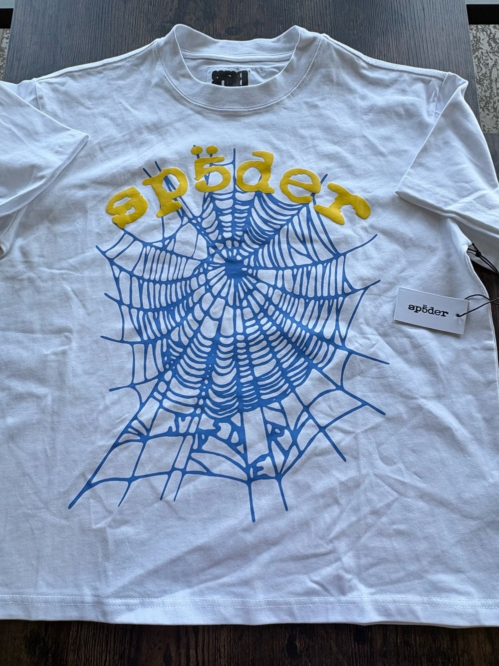 Sp5der White Graphic Tee with Blue Spiderweb New